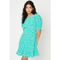 Dorothy Perkins Women's Petite Green Floral Frill Hem Mini Dress | Size: 14