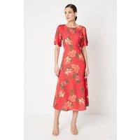 Dorothy Perkins Women's Floral Tie Back Flutter Sleeve Midi Dress in Pink | Size: 16
