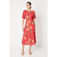 Dorothy Perkins Women's Floral Tie Back Flutter Sleeve Midi Dress in Pink | Size: 18