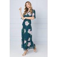 Dorothy Perkins Women's Floral Chiffon Shirred Waist Frill Hem Midi Dress in Green | Size: 8