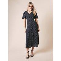 Dorothy Perkins Women's Spot Button Through Flutter Sleeve Midi Dress in Black | Size: 10