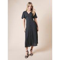Dorothy Perkins Women's Spot Button Through Flutter Sleeve Midi Dress in Black | Size: 12
