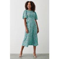 Dorothy Perkins Women's Green Animal Flutter Sleeve Shirred Waist Midi Dress | Size: 8