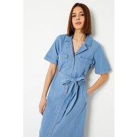 Dorothy Perkins Women's Denim Belted Button Through Midi Dress in Mid Wash | Size: 10