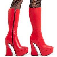 Lamoda Women's Sketchy Calf High Boots Red PU Platform Round Toe Trendy Knee-High | Size: 6