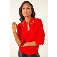 Roman Women's Faux Pearl Collared Keyhole Knit Jumper in Red | Size: 12