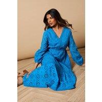 Oasis Women's Petite Broderie Trim Detail Puff Sleeve Midi Dress in Cobalt | Size: 10