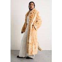Warehouse Women's Premium Deer Jacquard Faux Fur Coat in Tan | Size: 10