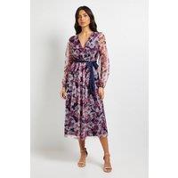 Wallis Women's Floral Mesh Satin Tie Midi Dress in Navy | Size: 16