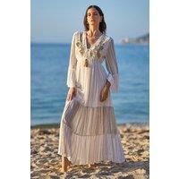 Yumi Women's White Metallic Embellished Maxi Dress With Long Sleeves | Size: 14