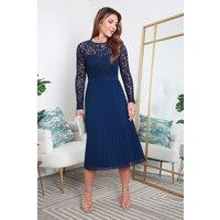 DOUBLE SECOND Women's Long Sleeve Lace Pleated Dress in Navy | Size: 18