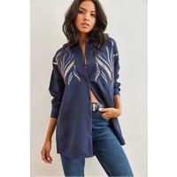 HOXTON GAL Women's Oversized Sequin Embellished Oversized Wool Effect Shirt in Navy | Size: Medium