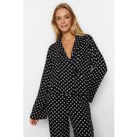 WOVCOR Women's 2-Piece Heart Print Viscose Woven Pajama Set with Tie Detail in Black | Size: 8