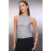 WOVCOR Women's Sequin Strappy Open Back Halterneck Top in Silver | Size: 6