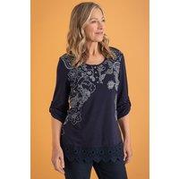 Anna Rose Women's Printed Lace Trim Top in Navy | Size: Small