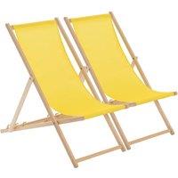 Harbour Housewares 2x Traditional Wooden Deck Chairs - Folding Garden Beach Lounge Chair in Yellow