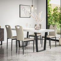 More4Homes Aria Dining Table & Chairs - White Marble Effect Table Top w Black Legs + Monza Linen Dining Chair Set Of 4 in Beige