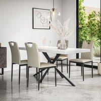 More4Homes Donni Dining Table & Chairs - White Marble Effect Table Top w Black Legs + Monza Linen Dining Chair l Set Of 4 in Beige