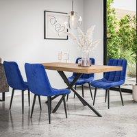 More4Homes Donni Dining Table & Chairs - Oak Effect Table Top w Black Legs + Nova Velvet Dining Chair Set Of 4 in Blue