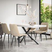 More4Homes Donni Dining Table & Chairs - White Marble Effect Table Top w Black Legs + Nova Velvet Dining Chair Set Of 6 in Beige