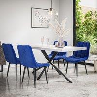 More4Homes Donni Dining Table & Chairs - White Marble Effect Table Top w Black Legs + Nova Velvet Dining Chair Set Of 6 in Blue