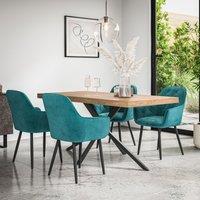 More4Homes Donni Dining Table & Chairs - Oak Effect Table Top w Black Legs + Anika Velvet Dining Chair Set Of 4 in Blue