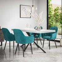More4Homes Donni Dining Table & Chairs - White Marble Effect Table Top w Black Legs + Anika Velvet Dining Chair Set Of 4 in Blue