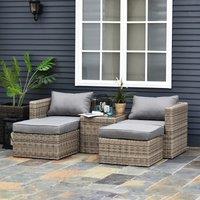 OUTSUNNY 5 Pcs PE Rattan Sofa Footstool Set Tall Glass-Top Table Aluminium Frame in Brown