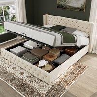 BTM Beige Velvet 4ft6 Upholstered Bed with Hydraulic Storage