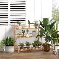 OUTSUNNY 3-Tier Folding Bamboo Plant Stand Display Shelf Rack for Indoor & Outdoor in Natural