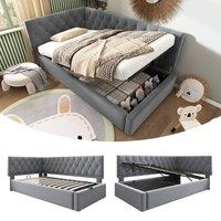 BTM Velvet Sofa Bed with Hydraulic Storage & Metal Frame, 90x190cm in Grey | Size: 90x190 cm