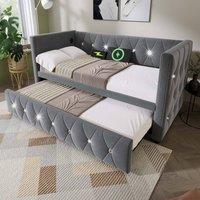 BTM Grey Velvet 3FT Daybed with Trundle & USB/Type-C Charging