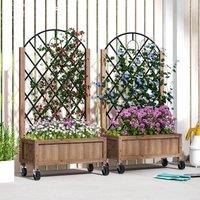 OUTSUNNY Pack of 2 Wooden Raised Bed, Outdoor Planter Box w/ Metal Trellis in Brown