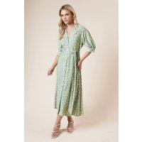 Dorothy Perkins Women's Petite Green Spot Belted Puff Sleeve Shirt Dress | Size: 12