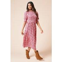 Dorothy Perkins Women's Petite Floral Shirred Bodice Puff Sleeve Midi Dress in Pink | Size: 10