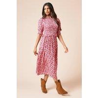 Dorothy Perkins Women's Petite Floral Shirred Bodice Puff Sleeve Midi Dress in Pink | Size: 12