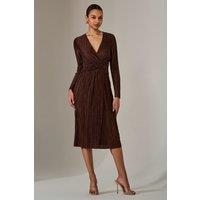 Jolie Moi Women's Plisse Long Sleeve Midi Dress in Brown | Size: 10