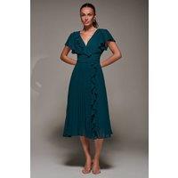 Jolie Moi Women's Chiffon Pleated Ruffle Midi Dress in Dark Green | Size: 14