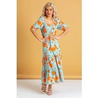 Dusk Women's Button Through Floral Print Midi Dress in Orange | Size: 6