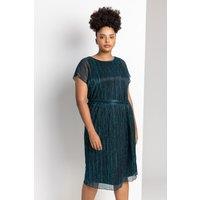 Roman Women's Curve Metallic Plisse Midi Dress in Teal | Size: 30-32