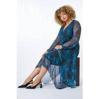 Roman Women's Curve Abstract Print Chiffon Wrap Dress in Teal | Size: 30-32