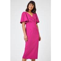 Roman Women's Gathered Wrap Front Midi Dress in Magenta | Size: 10