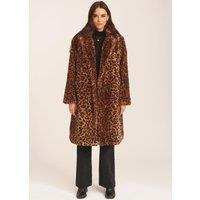 Gini London Women's Brown Leopard Double Breasted Longline Furcoat | Size: Medium/Large