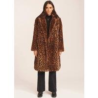 Gini London Women's Brown Leopard Double Breasted Longline Furcoat | Size: Large/XL