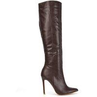XY London Women's 'Nora' Pointed Toe Zip Up Knee High Stiletto Heel Long Boots in Brown | Size: 6