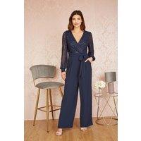 Yumi Women's Navy Sequin Jumpsuit With Long Sleeves | Size: 14