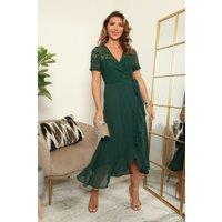 DOUBLE SECOND Women's Lace Top Frill Hem True Wrap Dress in Green | Size: 18