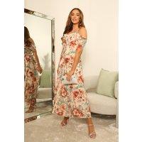 DOUBLE SECOND Women's Off Shoulder Printed Chiffon Dress in Ivory | Size: 16