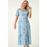 Roman Women's Petite Embroidered Mesh Midi Dress in Blue | Size: 8