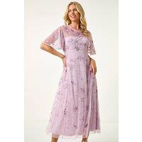 Roman Women's Petite Embroidered Mesh Midi Dress in Lavender | Size: 18